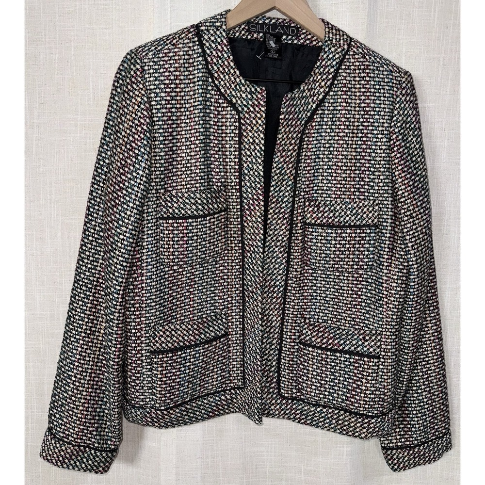 Vintage Silkland Women's Silk Blazer Sz L Black Tweed Rainbow‎ Artsy Metallic